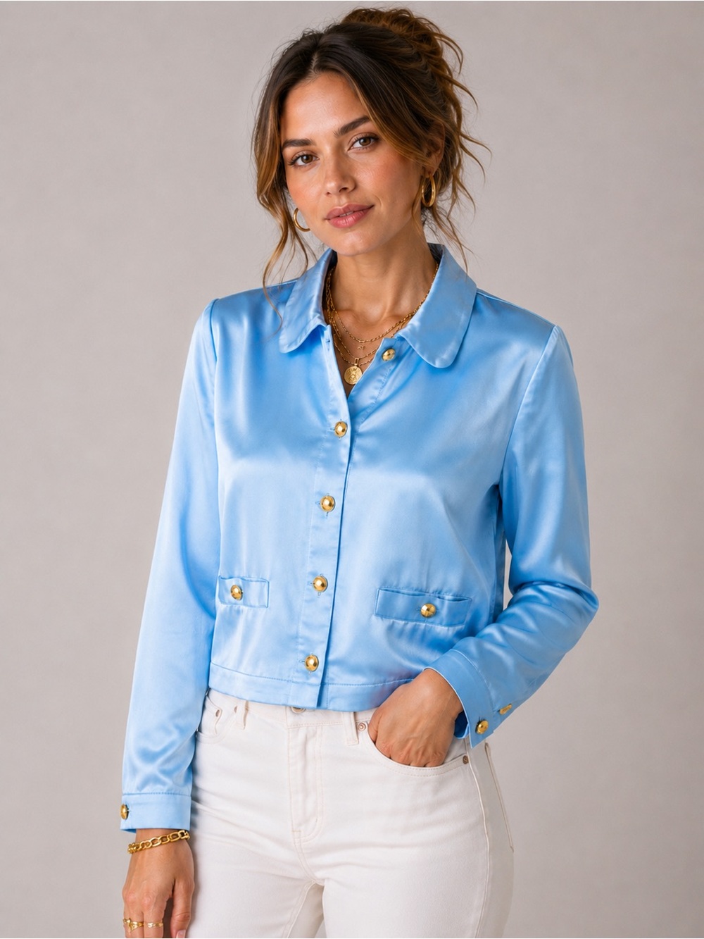 Lady shirt-jacket in luster crepe bluebird